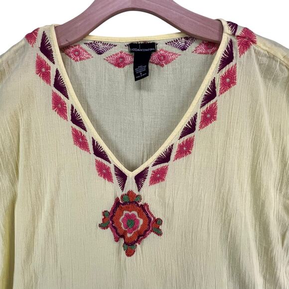 Moda International Y2K Tunic Top S Butter Yellow Embroidered Tassels Boho Beach - Picture 3 of 11